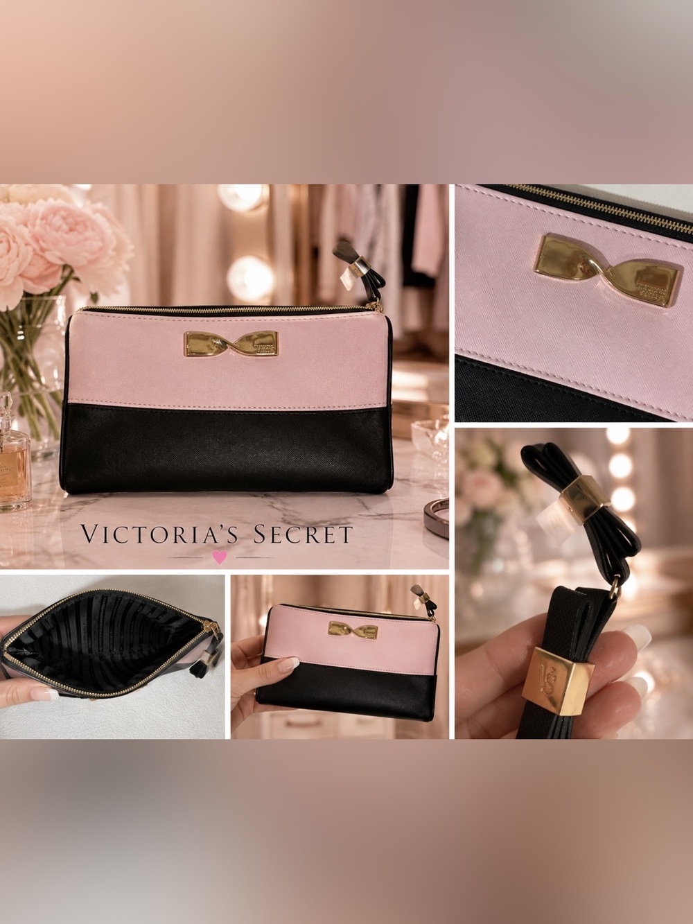*Victorias Secret* Clutch Cosmetic Case Pink & Black Bow Zip Clutch